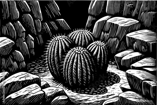 barrel cactus among desert rocks, rounded forms contrasting sharp stone structures, picturesque natural scenery, captured in black and white sketch