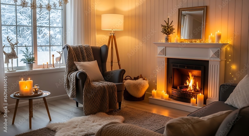 Fototapeta premium Cozy Fireplace Living Room Interior.