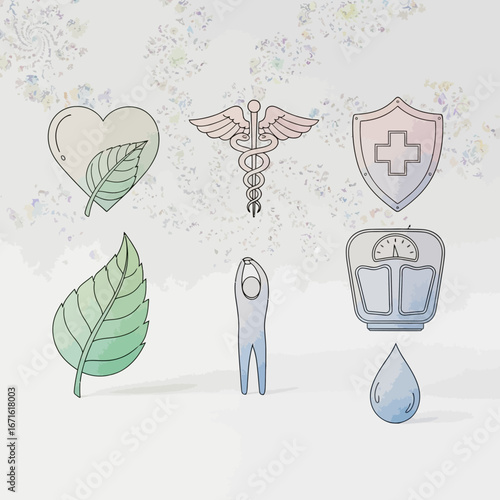 A beautifully illustrated set of watercolor icons representing key concepts of health, medicine, and a balanced wellness lifestyle