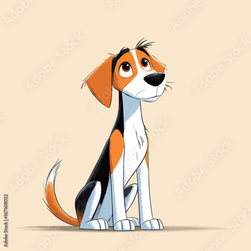A cartoon beagle dog with a white chest and distinctive orange and black fur is sitting and gazing upwards. The dogs expression shows curiosity and innocence, set against a simple light background.