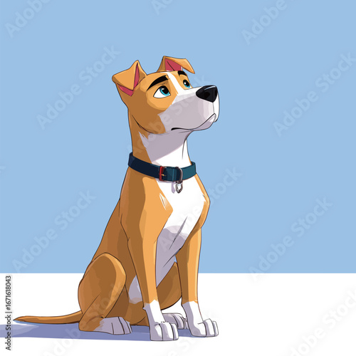 A cartoon-style dog sits alert with a hopeful gaze. Its brown and white coat shines against a simple blue backdrop, creating a cheerful and engaging scene.