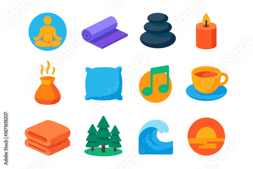 Colorful wellness icons: meditation, relaxation, music, nature, and calm essentials