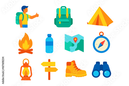 Outdoor adventure equipment set featuring camping gear and hiking essentials icons