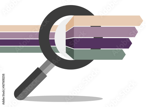 Magnifying glass focusing on parallel lanes with arrows, symbolizing project phases, workflow steps, or product and service streams. Concept for business, consulting, and process analysis.