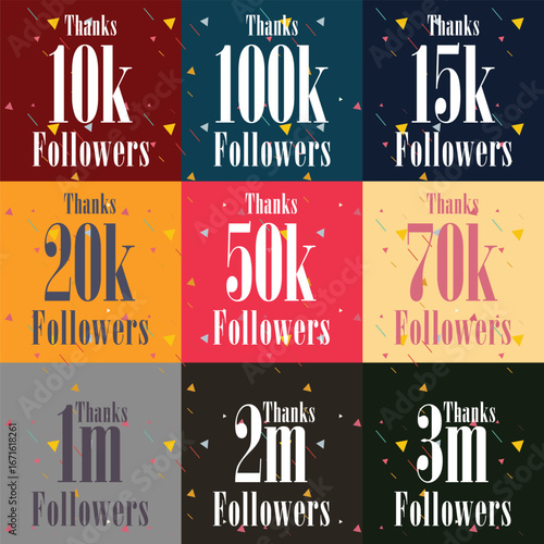 Colorful 3x3 collage celebrating follower milestones from 10k to 3M with confetti and bold Thanks text, perfect for influencer branding, social media growth, and digital marketing visuals