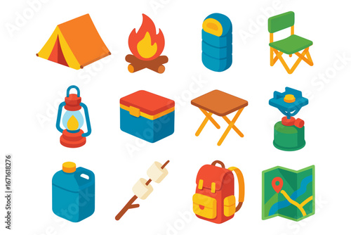 Colorful camping gear collection in isometric style for outdoor adventures