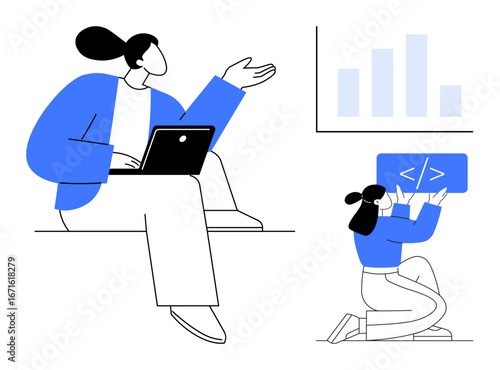 Two professionals, one with a laptop and another manipulating a coding element, working together near a bar graph. Ideal for teamwork, coding, analytics, brainstorming, education, tech projects