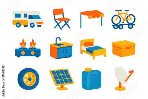 Camping essentials in modern flat design with vibrant colors