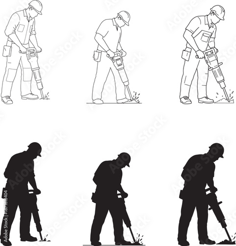 Construction worker using jackhammer illustration in both line art and silhouette versions