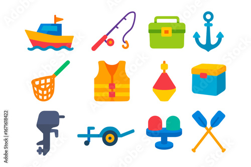 Colorful nautical and fishing icon set with boat, anchor, and gear