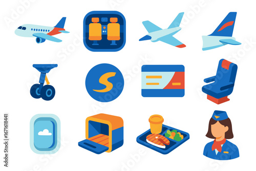 Colorful airplane travel icons set featuring flight, ticket, and meal illustrations