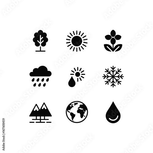Diverse weather and nature icons representing climate elements and seasonal changes
