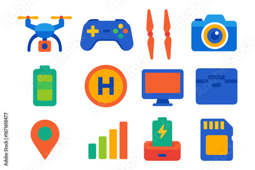 Colorful electronic gadgets and technology icons in modern flat design