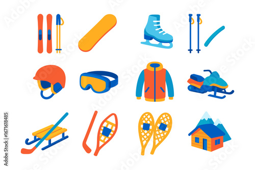 Winter sports equipment collection: skiing, snowboarding, and ice skating essentials