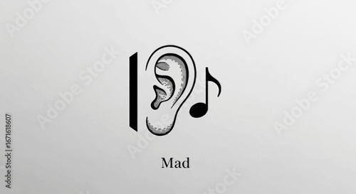 Abstract line art logo of a human ear and a musical note. A minimalist vector illustration symbolizing sound, hearing, music, and audio perception