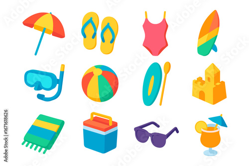 Summer beach essentials: vibrant flat design icons for fun and adventure