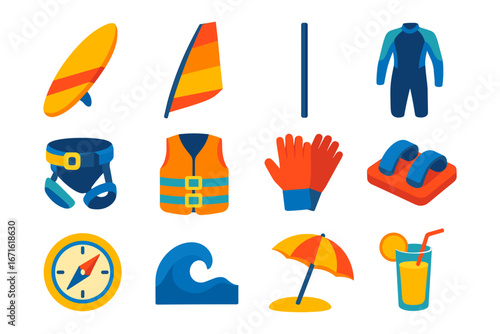 Colorful beach and surfing equipment icons collection for water sports enthusiasts