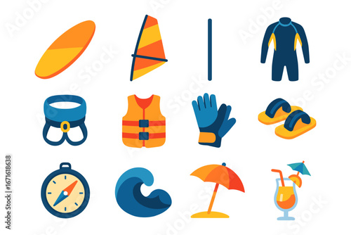 Summer beach sports gear and accessories in flat design