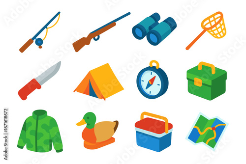 Camping and hunting icons set: outdoor equipment, tools and gear