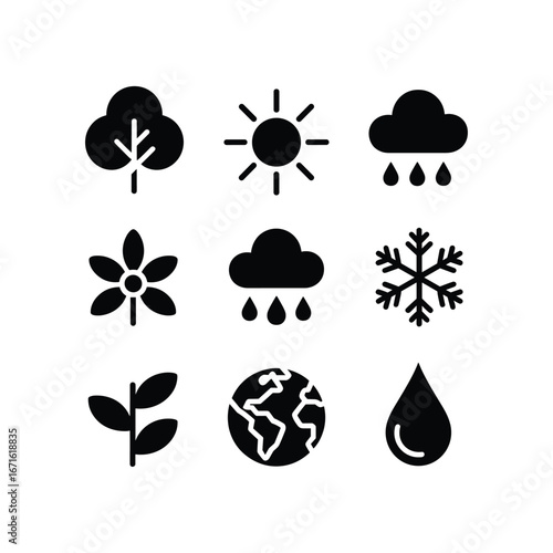 Collection of nature and weather icons representing seasons plants earth elements and climate changes