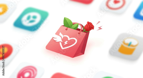 Conceptual 3D illustration of a romantic shopping bag with a red rose and winged heart, symbolizing online dating apps and love shopping on a digital platform