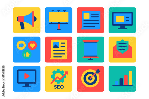 Colorful flat icons for digital marketing and online media strategies