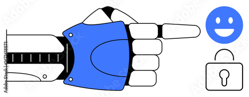 Robotic hand gesturing towards happy face and lock representing AI, cybersecurity, trust, privacy, innovation, collaboration, and friendly technology. Ideal for tech branding, AI automation