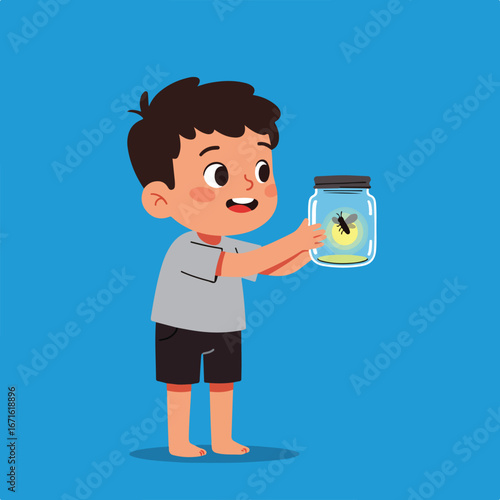 Boy Holding Glass Jar with Firefly in Flat Illustration, Solid Color Background