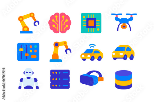 Colorful flat set: robotics, ai, automation, drone, and technology elements