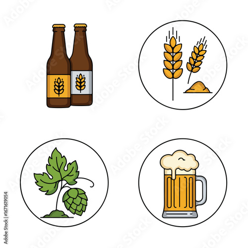 Illustrating Beer Production with Bottles, Wheat, Hops, and a Full Mug