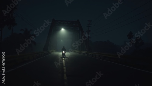 A solitary motorcycle travels a misty bridge at night, bathed in the soft glow of a single lamp.
