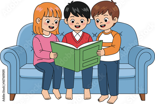 Happy kids reading book together on sofa, cartoon illustration of children learning, group study time, educational activity at home