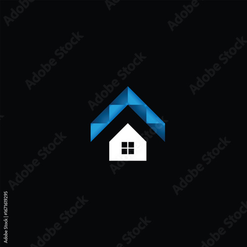 Modern house logo design with a geometric blue roof and white home icon, symbolizing real estate, construction, architecture, and professional property services.