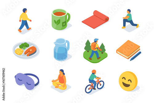 Healthy lifestyle icons: yoga, cycling, hiking, and meditation in isometric style