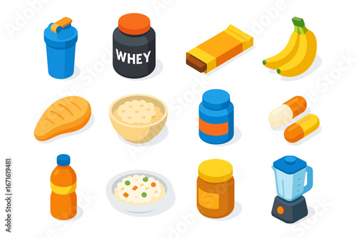 Isometric fitness nutrition icons featuring whey protein, energy bars, and supplements