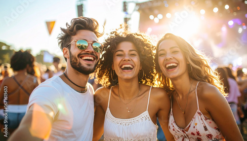 A Group of Happy Friends Taking a Selfie at a Music Festival.