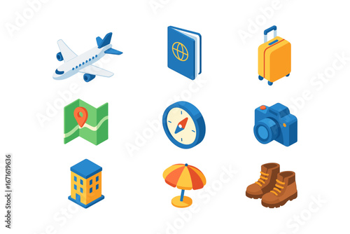 Colorful isometric travel icons: airplane, luggage, camera, map, and compass set