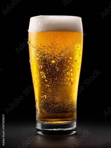 Golden beer with float in the glass in black background. Close up shot.	