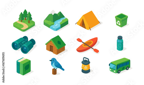 Isometric camping and nature icons set featuring outdoor adventure elements