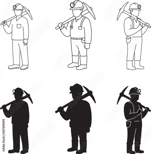 Miner illustrations in outline and silhouette with pickaxe and helmet light