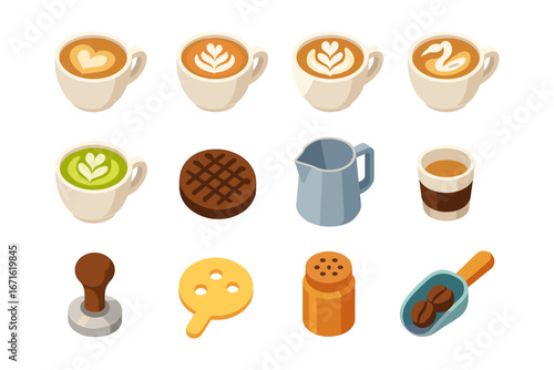 Isometric coffee icons set with cups, latte art, and barista tools
