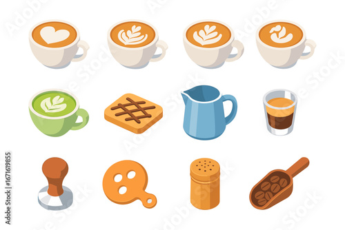 Isometric coffee icons set: cups, latte art, espresso, and barista tools