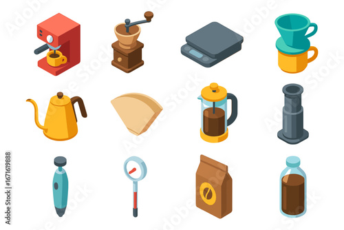 Isometric coffee making tools set featuring grinder, scale, and dripper