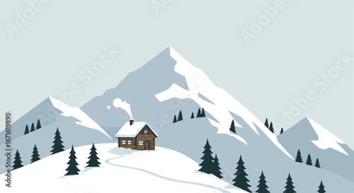 Cabin Retreating Snowy Mountainside Scene