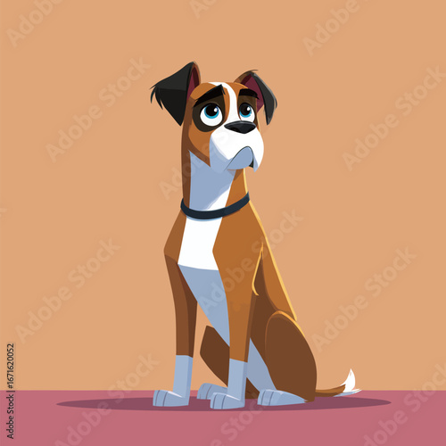 A cartoon-style dog with a playful demeanor sits upright on a pink floor. Its expressive eyes hint at curiosity. The background features a warm, solid color that enhances the cheerful atmosphere.