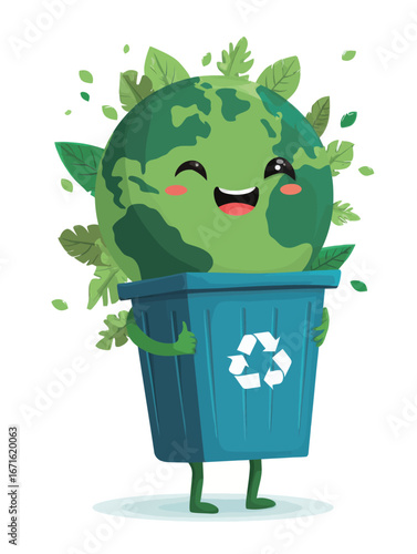 A happy earth character with a smile resides in a green pot adorned with leaves, playfully promoting recycling and environmental care.