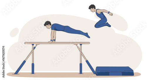 Gymnast performs a dynamic vault over a pommel horse, showcasing athletic skill and agility in a competitive sports event