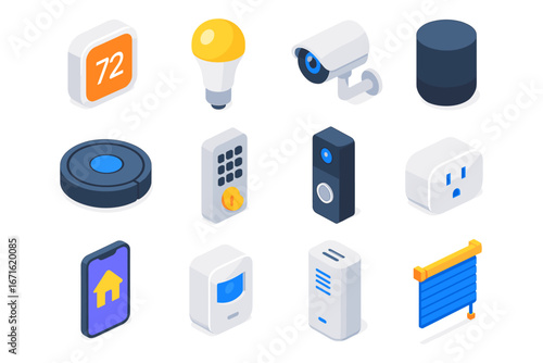 Isometric smart home devices icons: security, automation, and connectivity