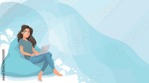 A young woman sits comfortably in a bean bag chair, focused on her laptop. The calming light blue background enhances the relaxed atmosphere, ideal for productivity.