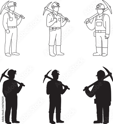 Miner illustrations with pickaxe in line art and silhouette styles
